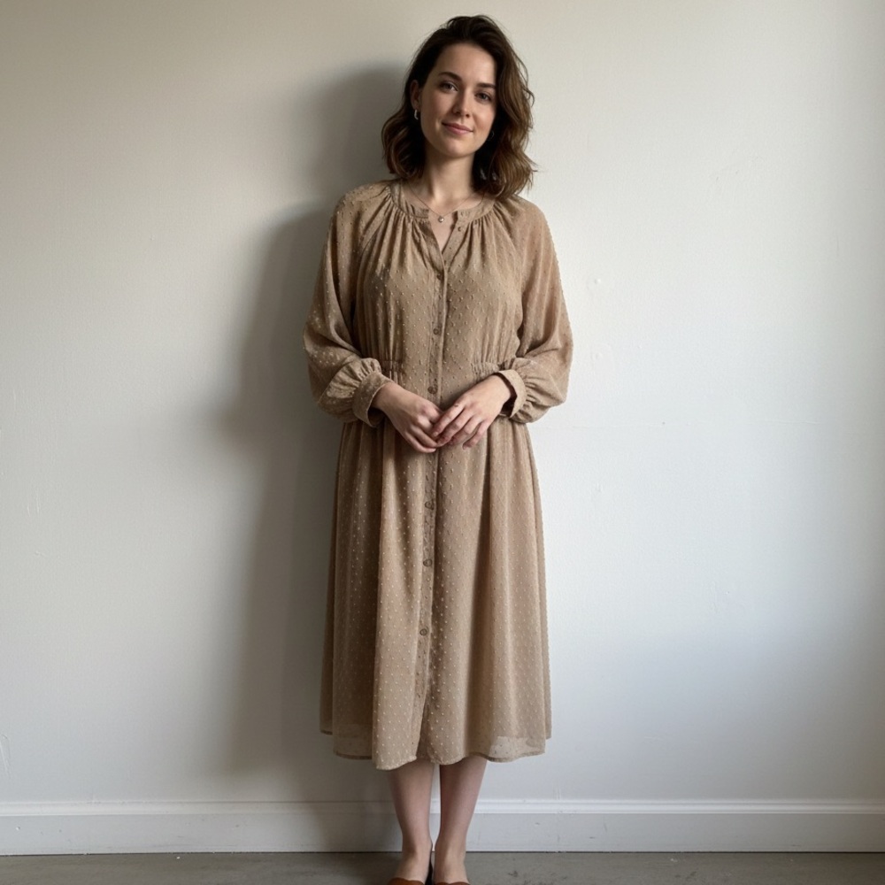 Oak + Fort Sz S Modest Tan Polka Dots Button Front Midi Dress